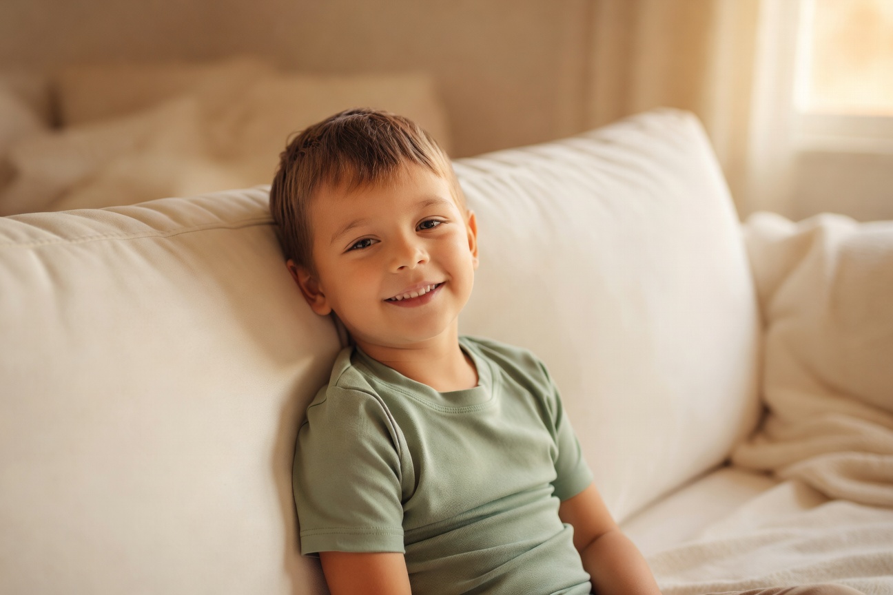 Happy child in soft clothing